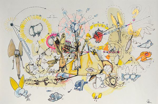 Inkjetprint, Kugelschreiber, Neonstifte, Metallfarbe auf Papier, von Stefan Zöllner