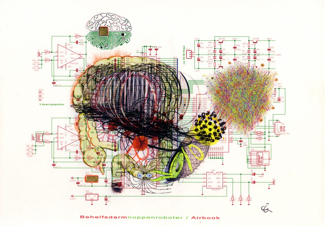 BehelfsdarmNoppenroboter, Inkjetprint und Stifte auf papier, Serie Transhuman von Stefan Zöllner