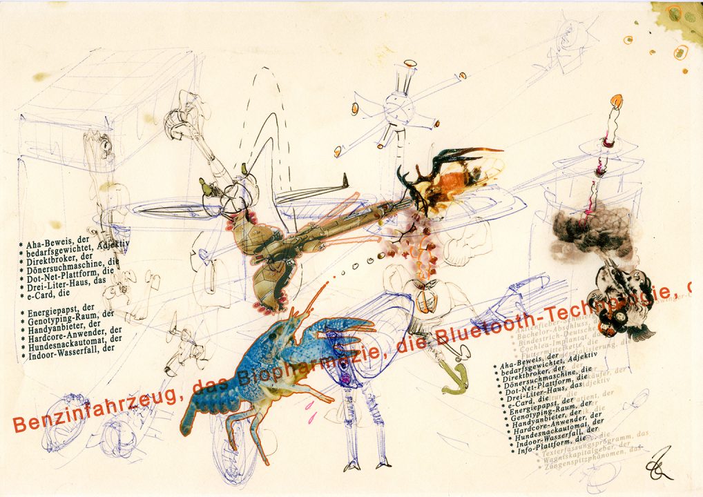 Benzinfahrzeug, Inkjetprint und Stifte auf papier, Serie Transhuman von Stefan Zöllner