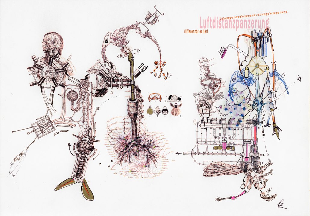 Luftdistanzpanzerung, Inkjetprint und Stifte auf papier, Serie Transhuman von Stefan Zöllner