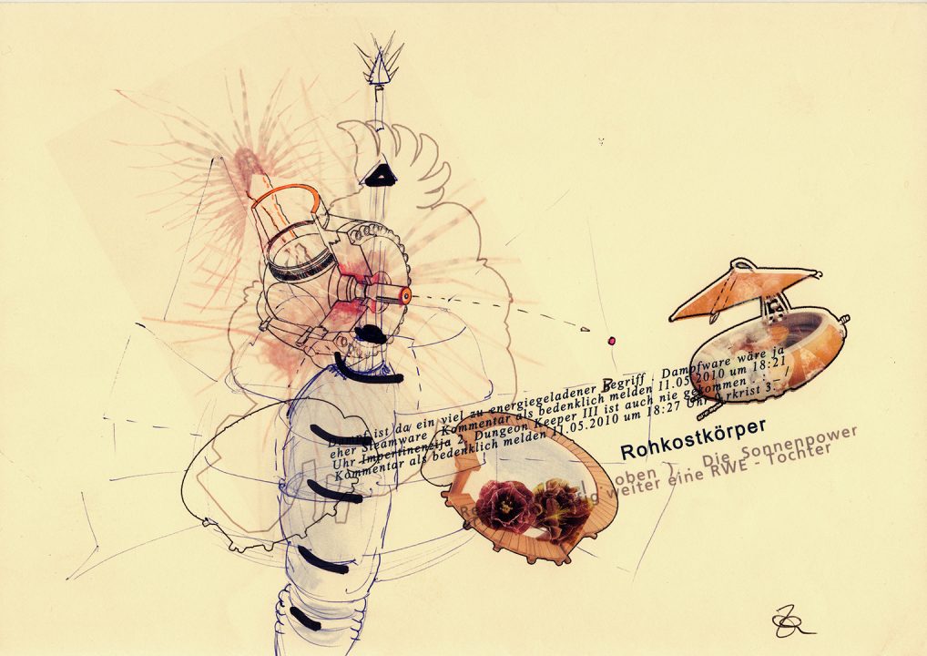 Rohkostkörper, Inkjetprint und Stifte auf papier, Serie Transhuman von Stefan Zöllner