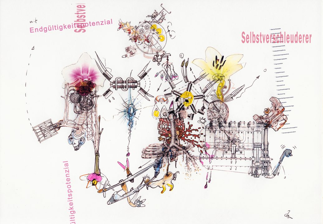 Selbstverschleuderer, Inkjetprint und Stifte auf papier, Serie Transhuman von Stefan Zöllner